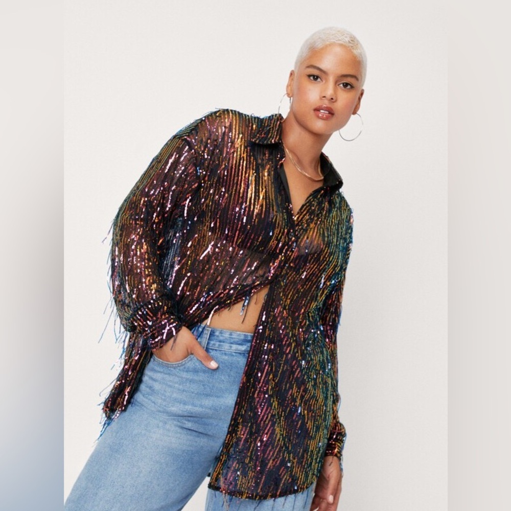✨ Nasty Gal Plus Size Sheer Sequin Fringe Shirt – Size 16 ✨